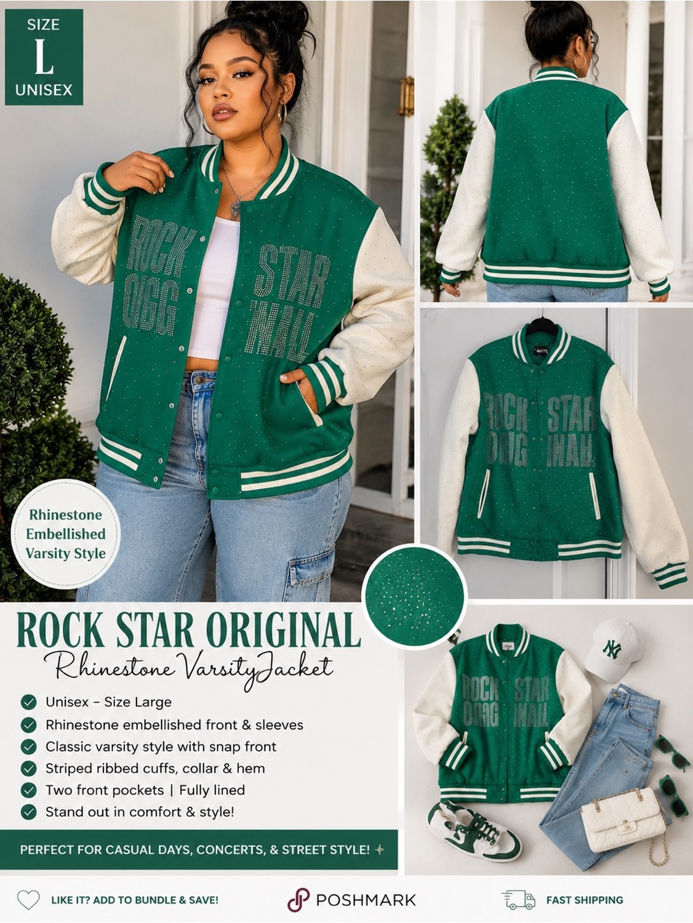 Rock Star Original Rhinestone Varsity Jacket - Green/White